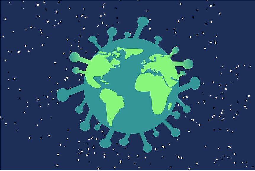 Blue background with earth shaped as a coronavirus in the center